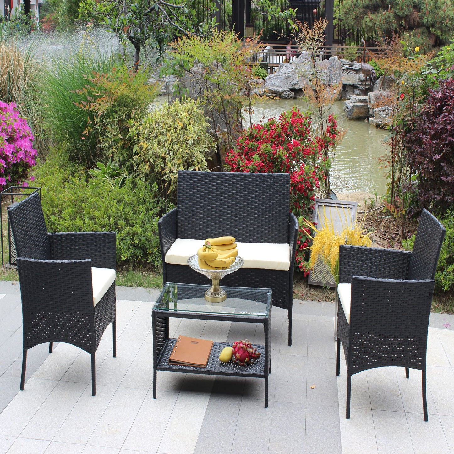 Ecclestone Outdoor Living Four Piece Cushioned Seat Wicker Set